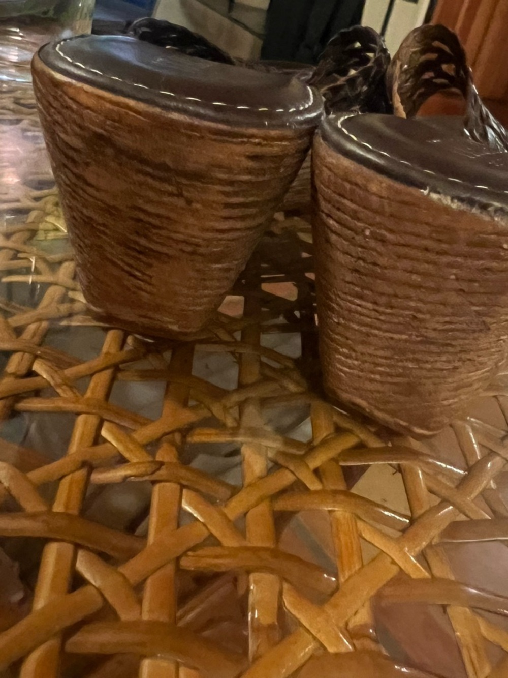 Italian Shoemakers Brown Woven Leather Wedge Sandals with Wood-Look Platform - Picture 4 of 4